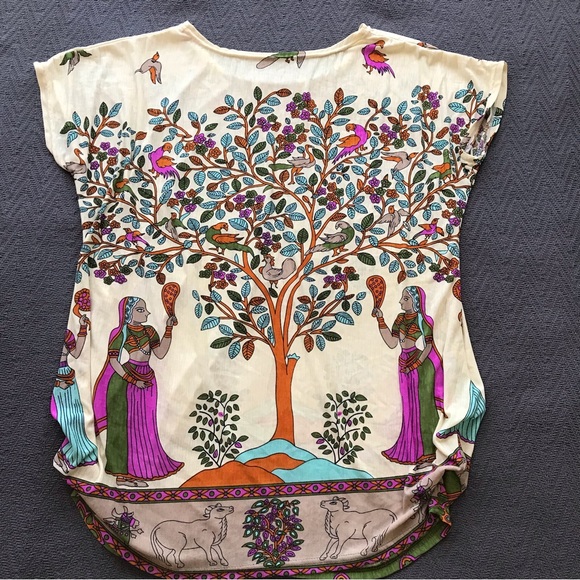 Tree of Life Silk Blouse Middle East Levant Persia Lady Birds Gold Copper Studs - Picture 7 of 8